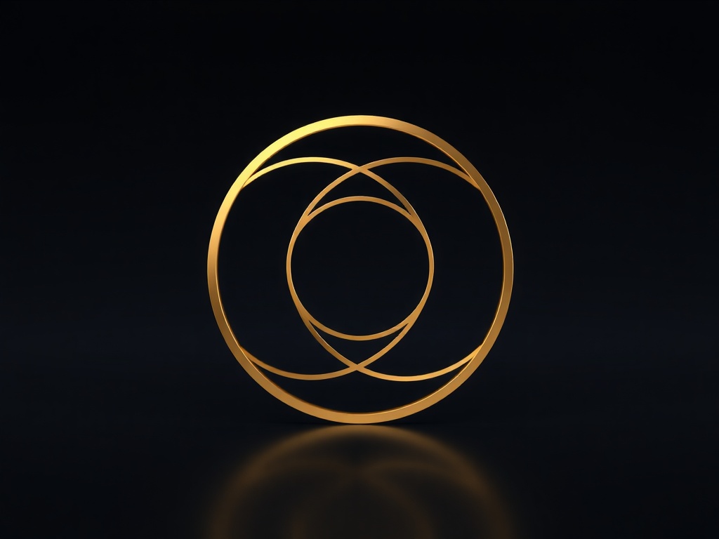 Abstract geometric logo made of intersecting golden lines and circles on a dark background, minimalistic, reflective surfaces, 8k, product rendering style